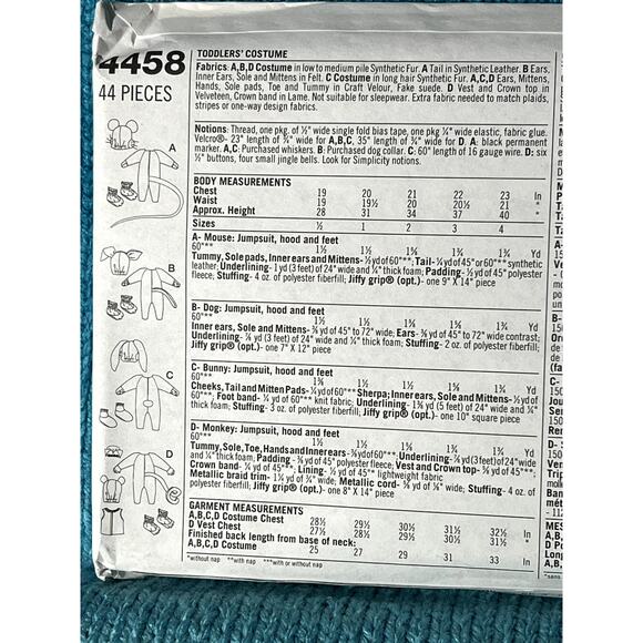 Simplicity 4458 Sewing pattern Toddler mouse bunny monkey dog size 1/2 1 2 3 4 - Picture 4 of 5